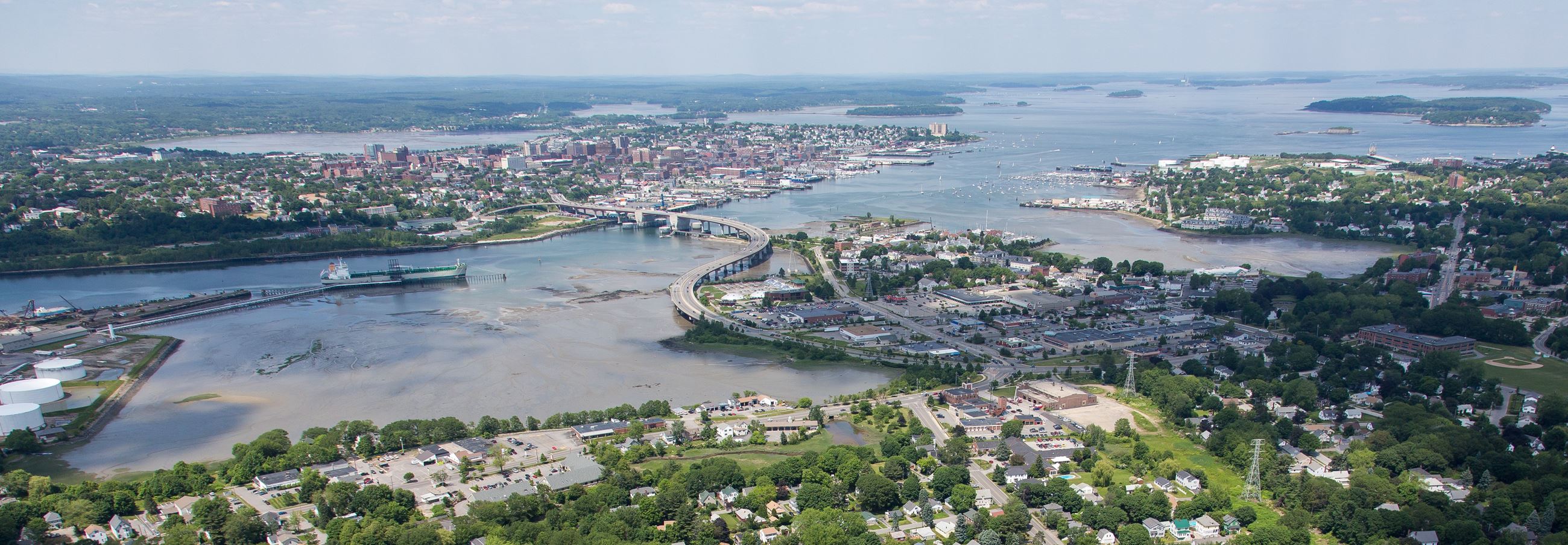 South Portland Coast - aerial view with Casco Bay Bridge, islands, Portland in the background