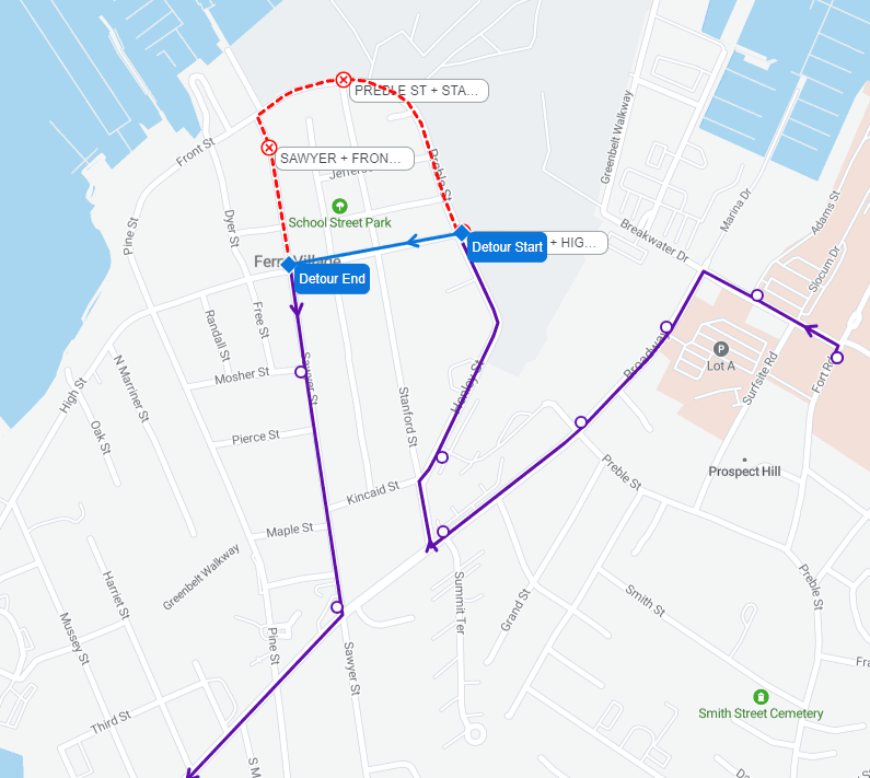 Ferry Village bus detour map 7-22-24