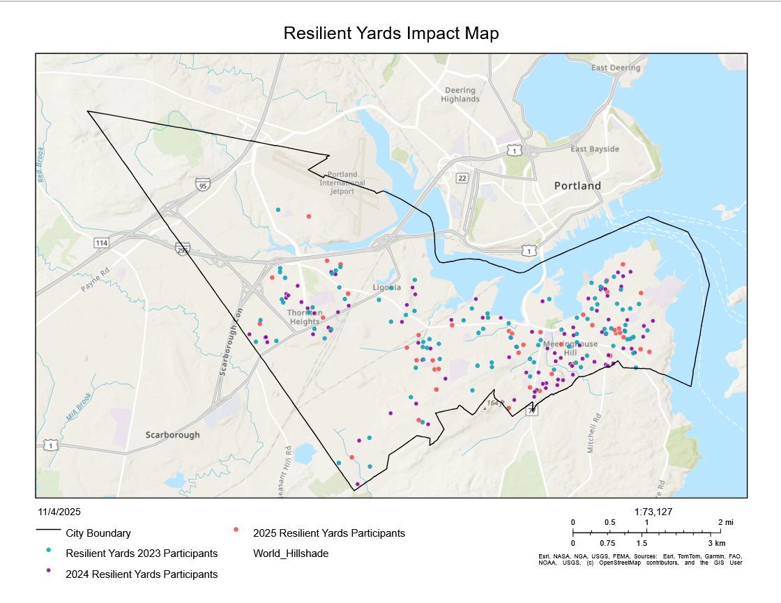 Map highlighting location of Resilient Yards participant yards from 2023, 2024, and 2025. 