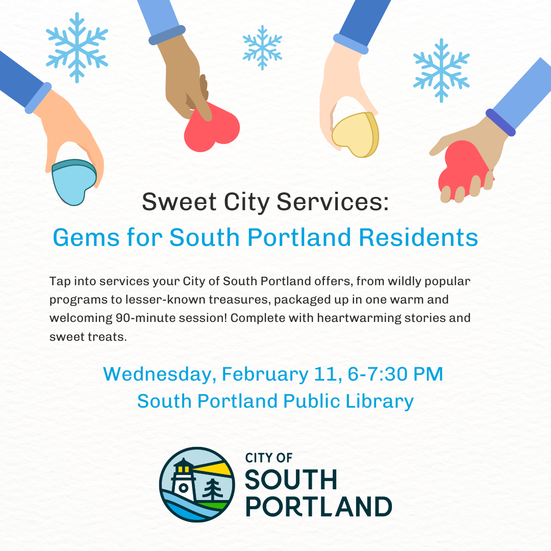 Sweet City Services Presentation Graphic - Cartoon hands holiding hards with event info